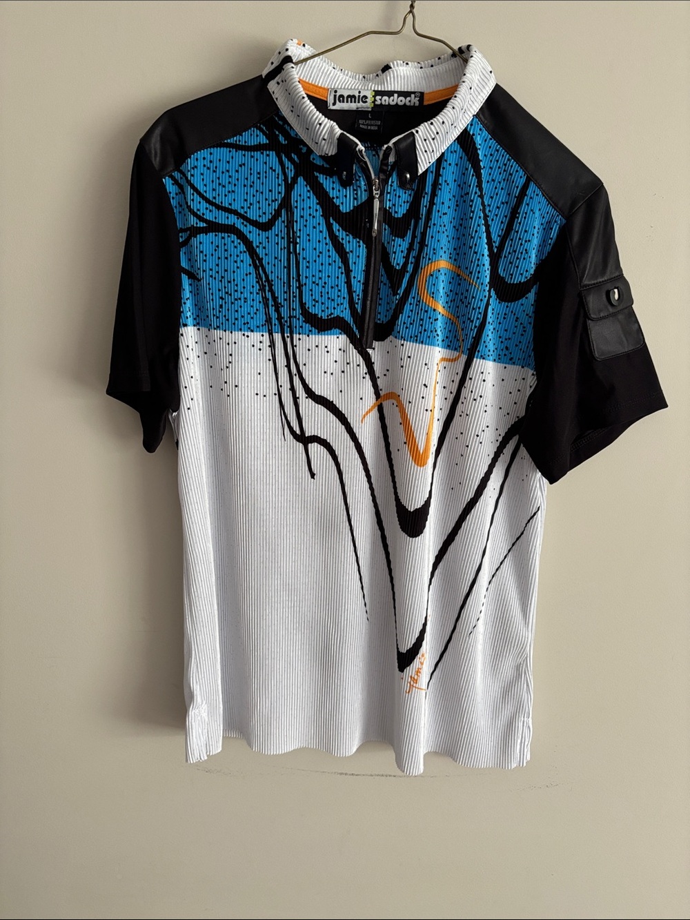 jamie sadock White, Blue & Black Short Sleeve Golf Polo with yellow accents